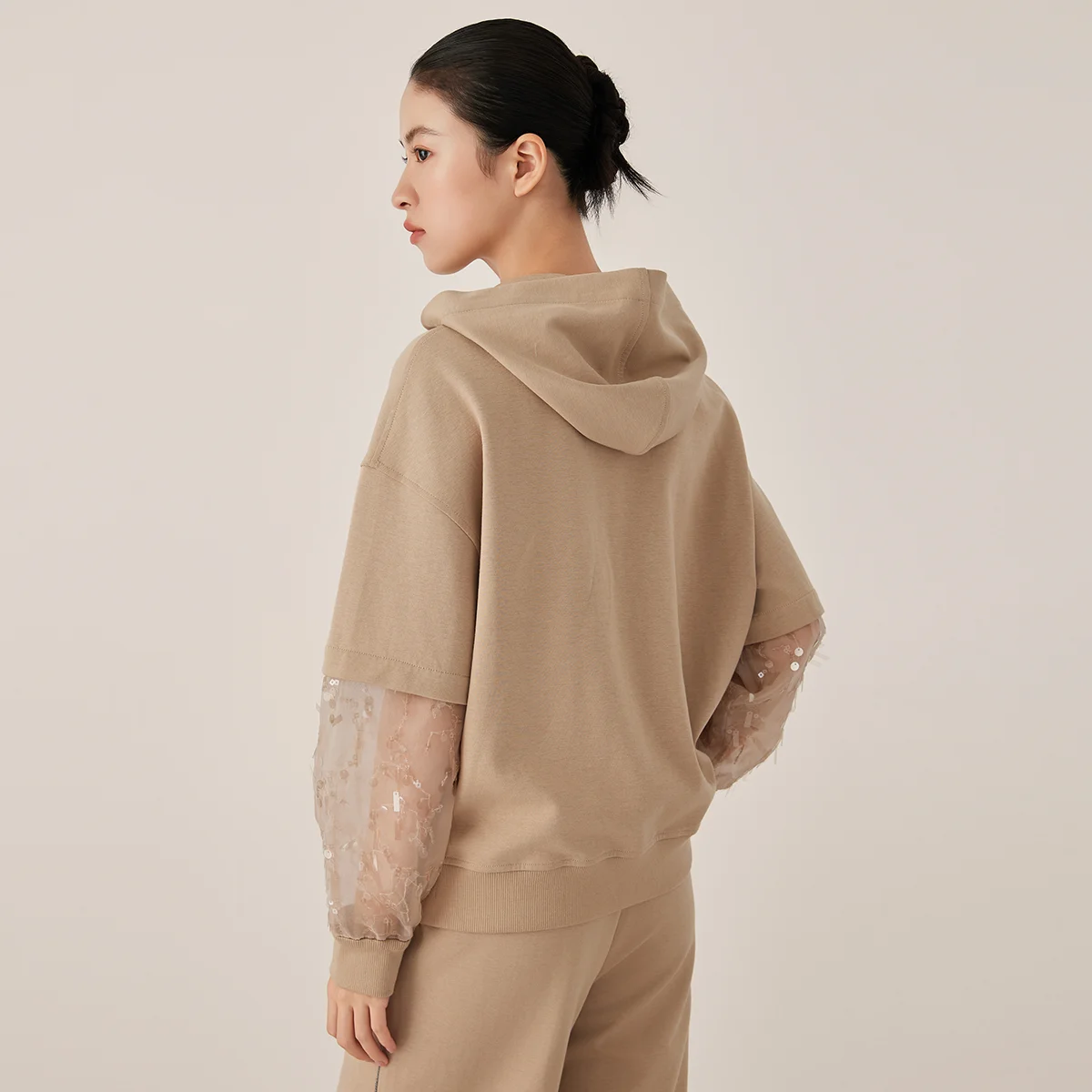 KX7523396 Women's Casual Zip-Up Hoodie with Sheer Sequin Sleeves Cotton Blend Comfortable Fashionable Streetwear