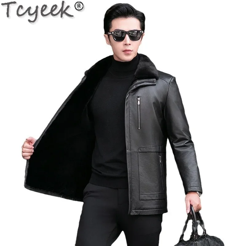 Tcyeek Real Leather Jacket Men Business Casual Top Layer Cowhide Coats for Man Thickened Warm Real Fur Jackets Winter Clothes