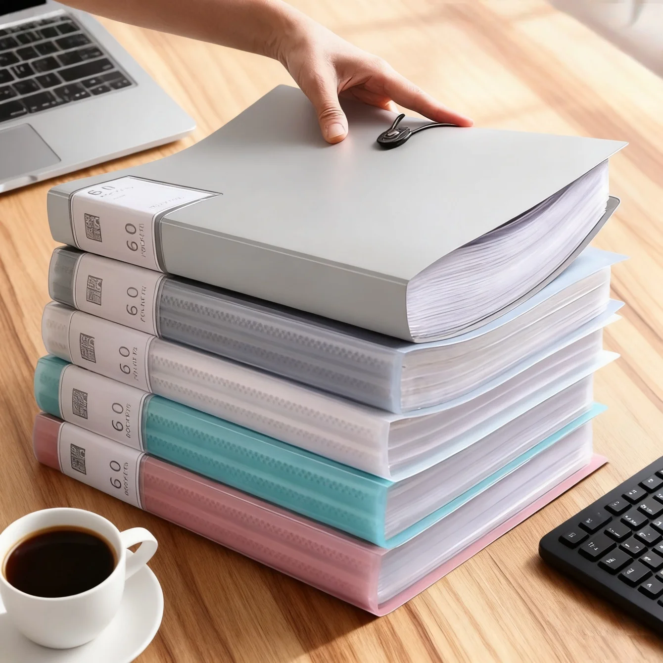 Transparenter Aktenordner im A4-Format mit 60 Fächern und großem Fassungsvermögen, transparenter Frontabdeckung und Beschriftungssystem – robustes PP-Material