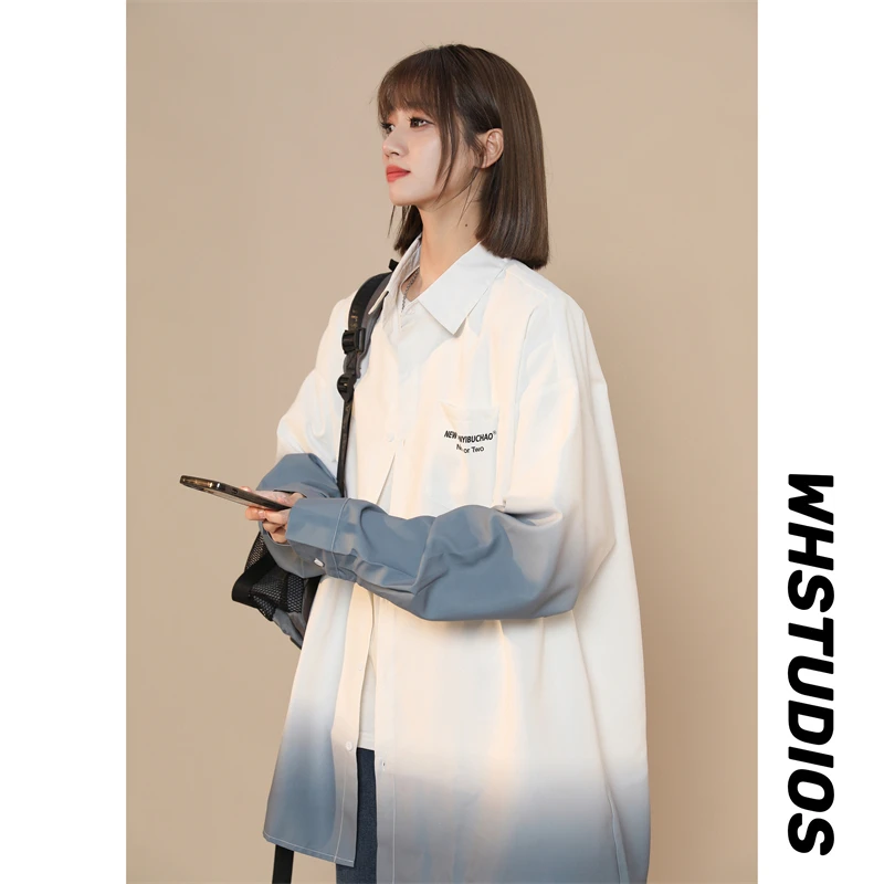 

Мужская рубашка американского стиля с градиентным цветом и барочным дизайном, свободного кроя, с длинными рукавами, молодежная, модная, для пар.