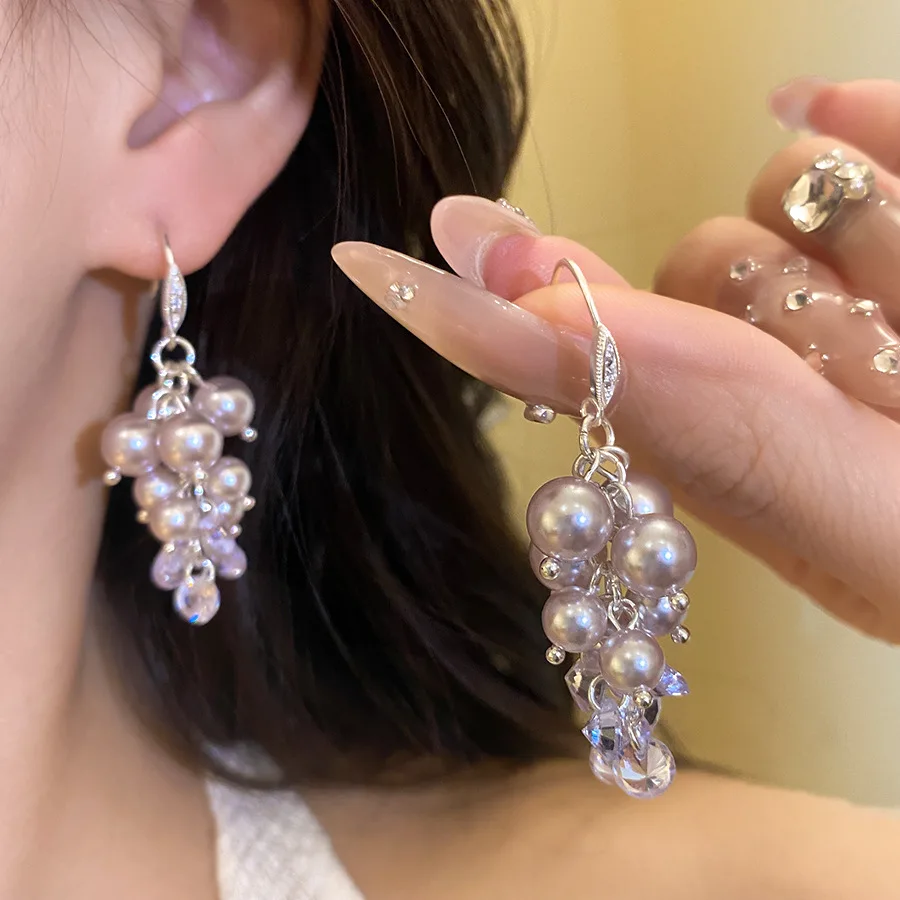 Pink Simulated Pearl Cluster Tassel Drop Earrings Women French Elegant Round Zircon Ear Hooks Bridal Cocktail Banquet Jewelry K