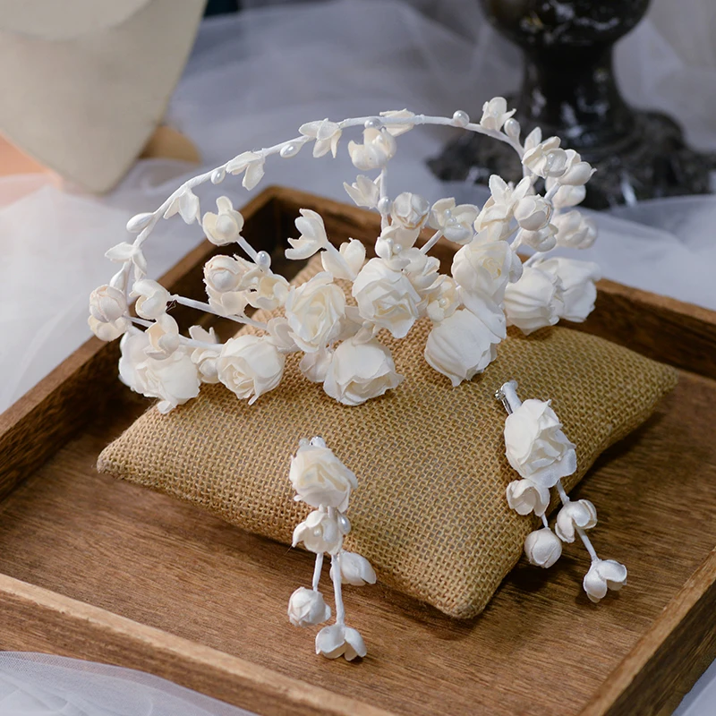 

Бежевые цветочные тиары для невест с серьгами, милые повязки для волос, свадебные аксессуары для причесок