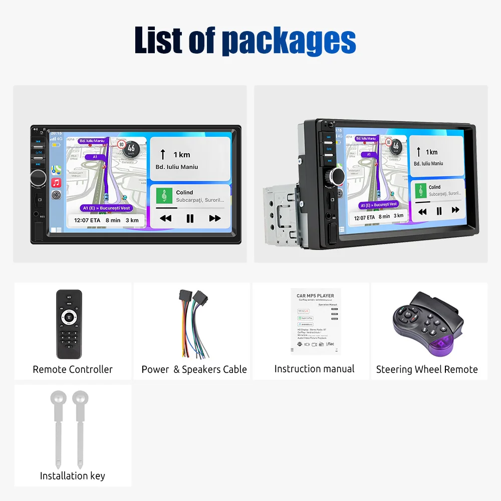 ESSGOO 7 Zoll 1 DIN Universelles Autoradio Stereo Kabelgebundenes Carplay Android Auto Bluetooth TF USB AUX HD Touchscreen Haupteinheit – Detail 14