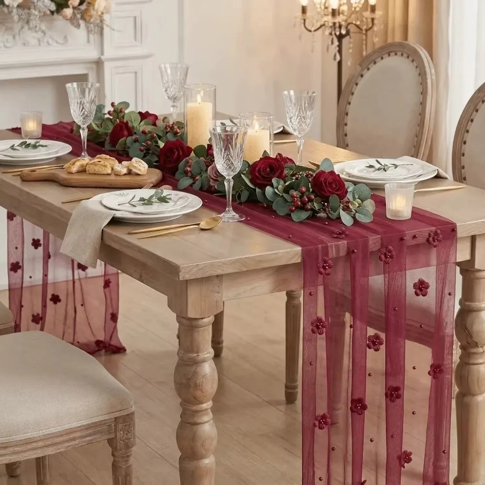 75*300CM Tulle Table Runner Romantic Polyester Lace Table Runner Vintage Semi-Transparent Floral Table Runner