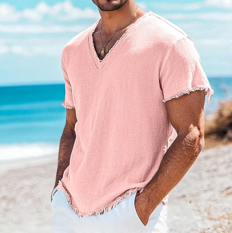 

2026 Summer Men's New Solid Color Short-sleeved T-shirt V-neck Rough Edge Design