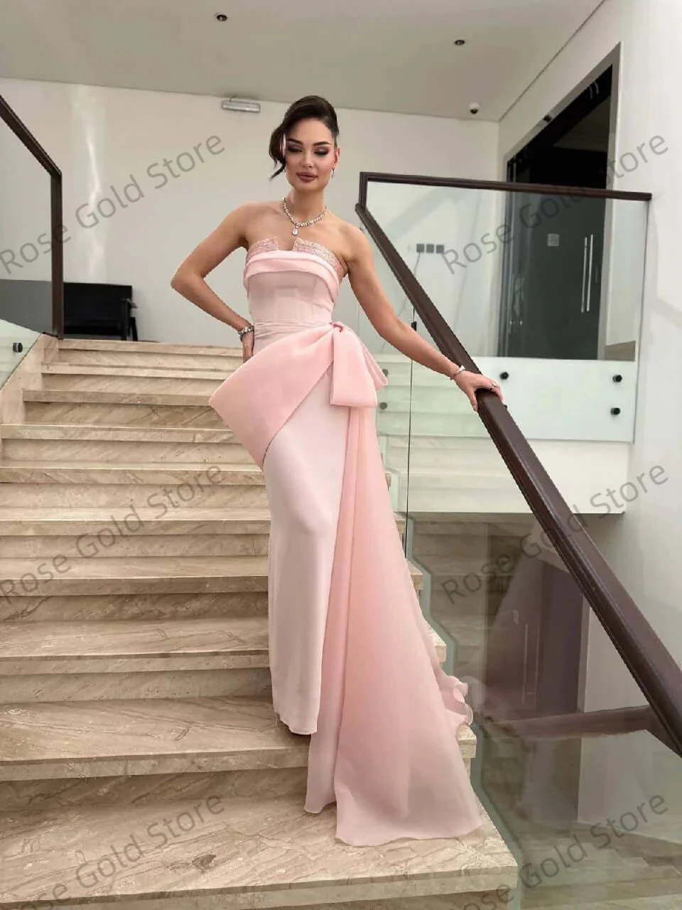 Boho rosa sereia vestido de noite para mulheres personalizado sem alças miçangas vestido de fiesta plissados até o chão vestidos de festa de baile