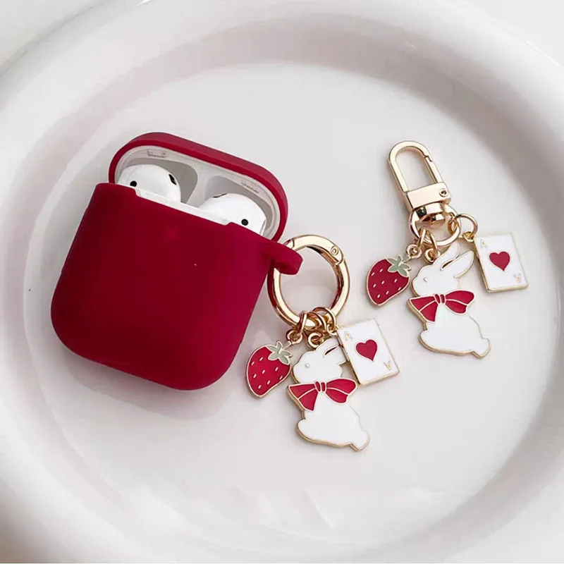 Vintage Rabbit Keychain Wine Red Silicone Earphone Case For Apple Airpods 1/2/3 Pro 2nd Bluetooth Headset Cover Sweet Cute Box