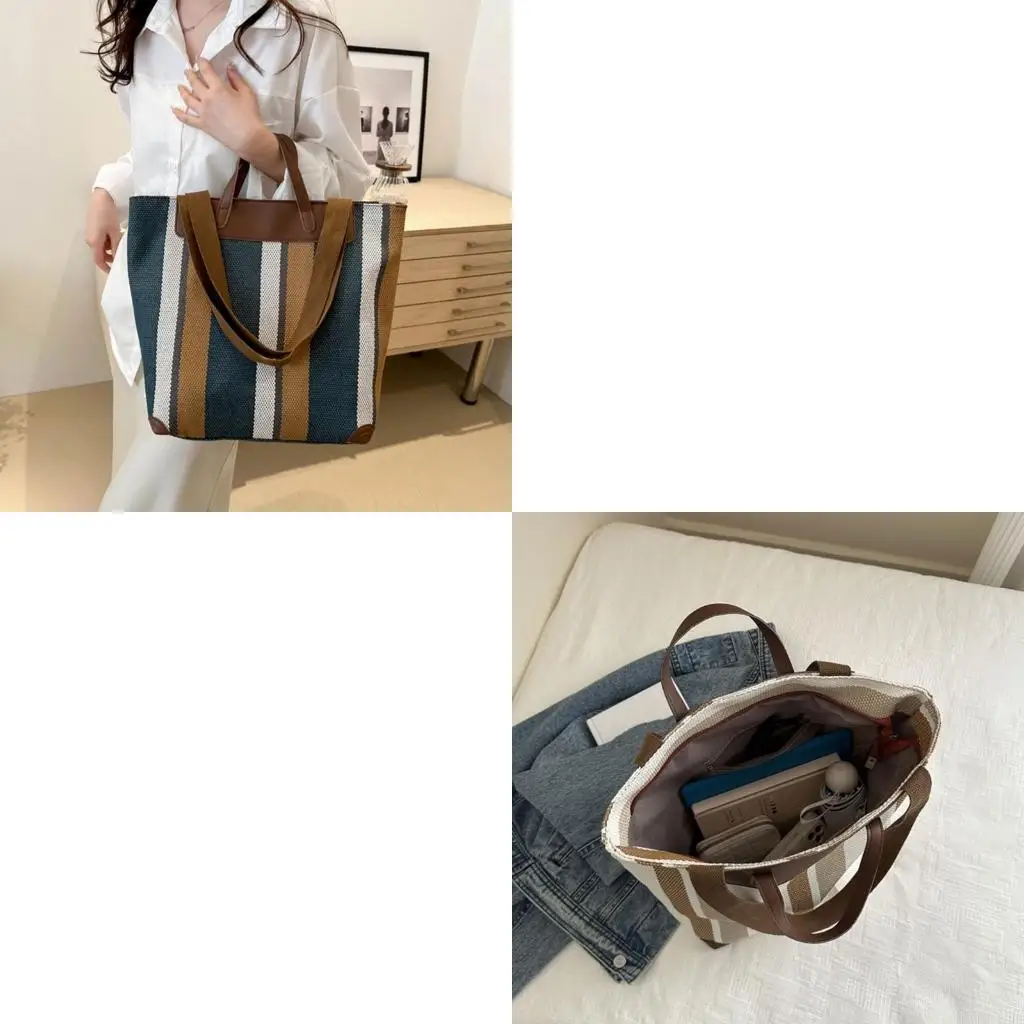 

Retro Multicolor Striped Canvas Shoulder Bag for Women Commuters Students Large Capacity Spacious Handbag Underarm Purse