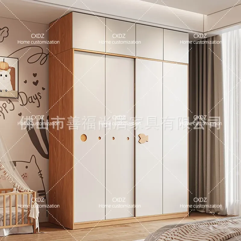 Solid Wood Oak Sliding Door Wardrobe Bedroom Storage Cabinet Cream Style Combination Closet Furniture