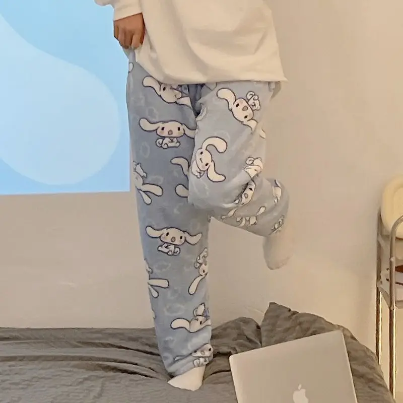 New Sanrio Cinnamoroll Pajamas for Women At Home in Autumn and Winter Plush Flannel Trousers Kawaii Thickened Furry Coral Velvet