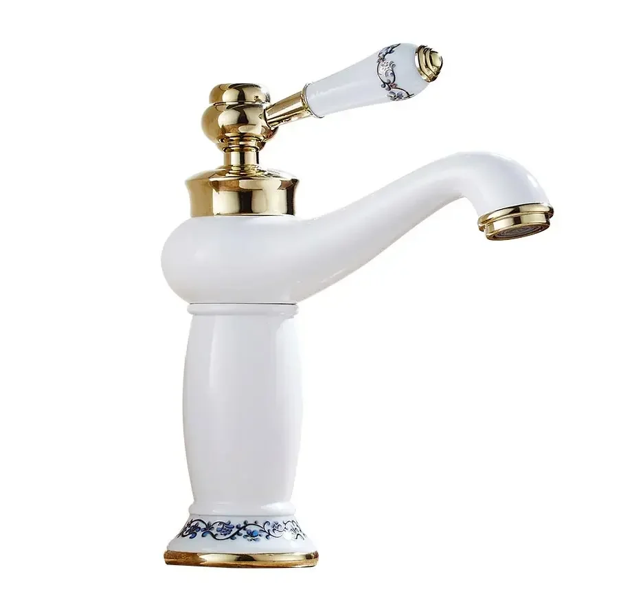 Retro European Bathroom Basin Faucets Gold Mixer Tap Ceramic Decoration Plating Chrome Single Handle Hot And Cold Deck Mounted