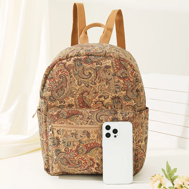 3pcs Backpack Cork Leather Paisley Printing Large Capacity Travel Bag