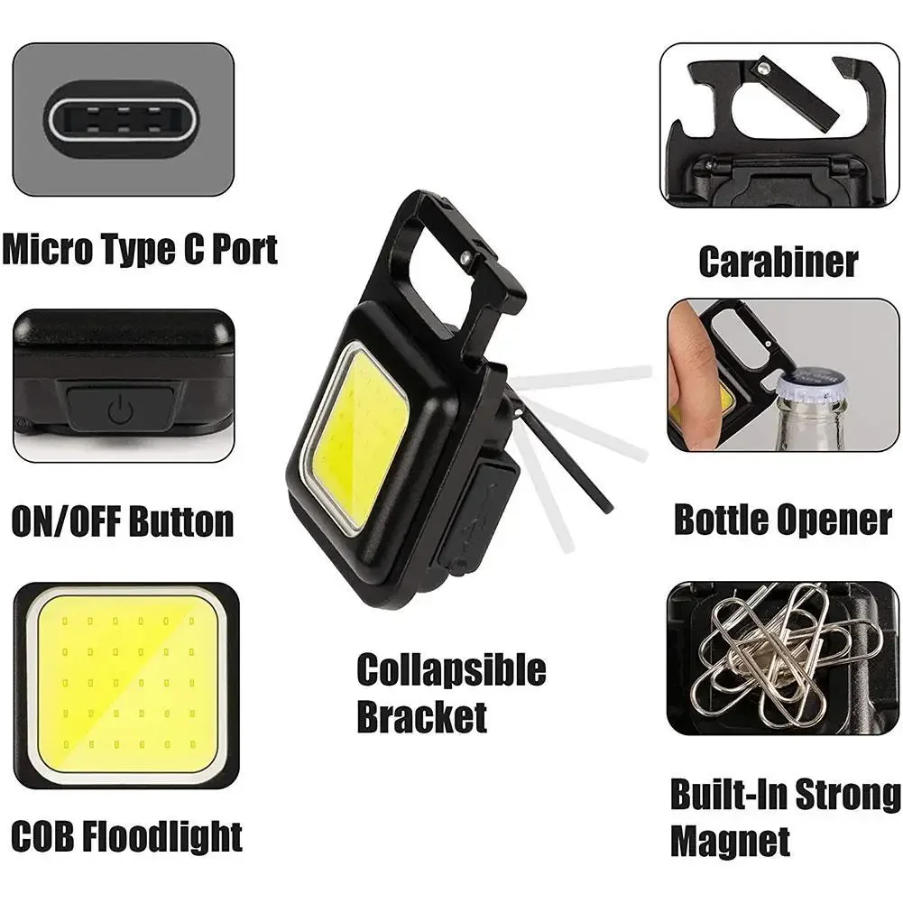 Multi-functional COB LED Work Light Mini Flashlight Pocket Emergency Lights USB Rechargeable KeyChain Light Torch Warning Light