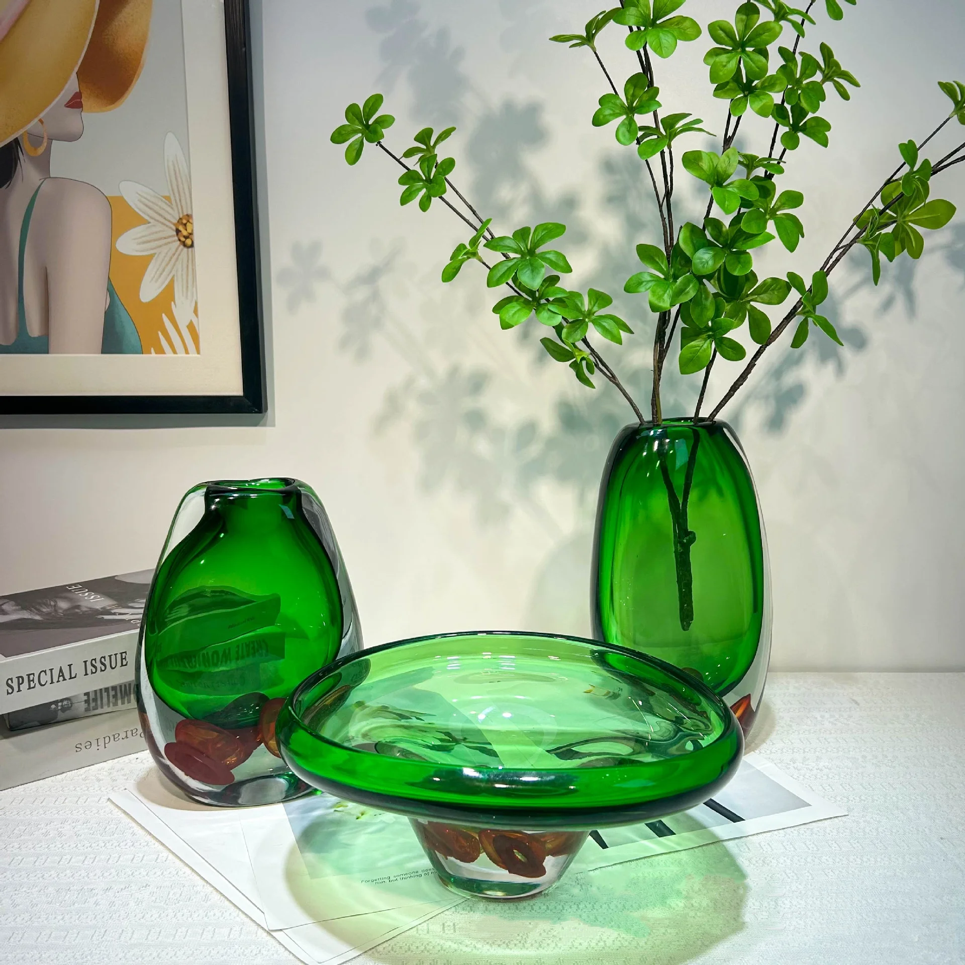 Green Vase Clear Fruit Tray Desktop Storage Container Flower Vase Double Color Transparent Terrarium Home Decoration Accessories