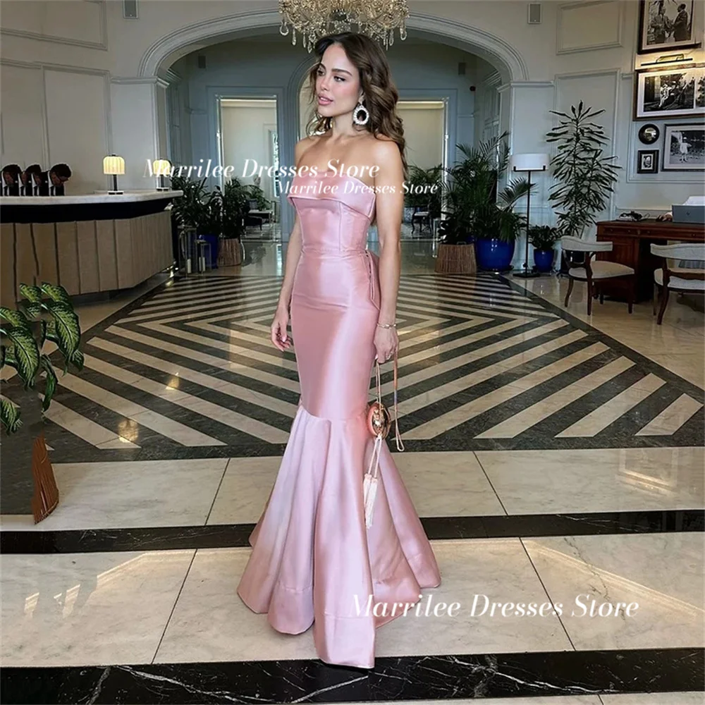 

Marrilee Elegant Princess Pink Mermaid Strapless Stain Evening Dress Sexy Sleeveless Backless Lace Up Bow Floor Length Prom Gown