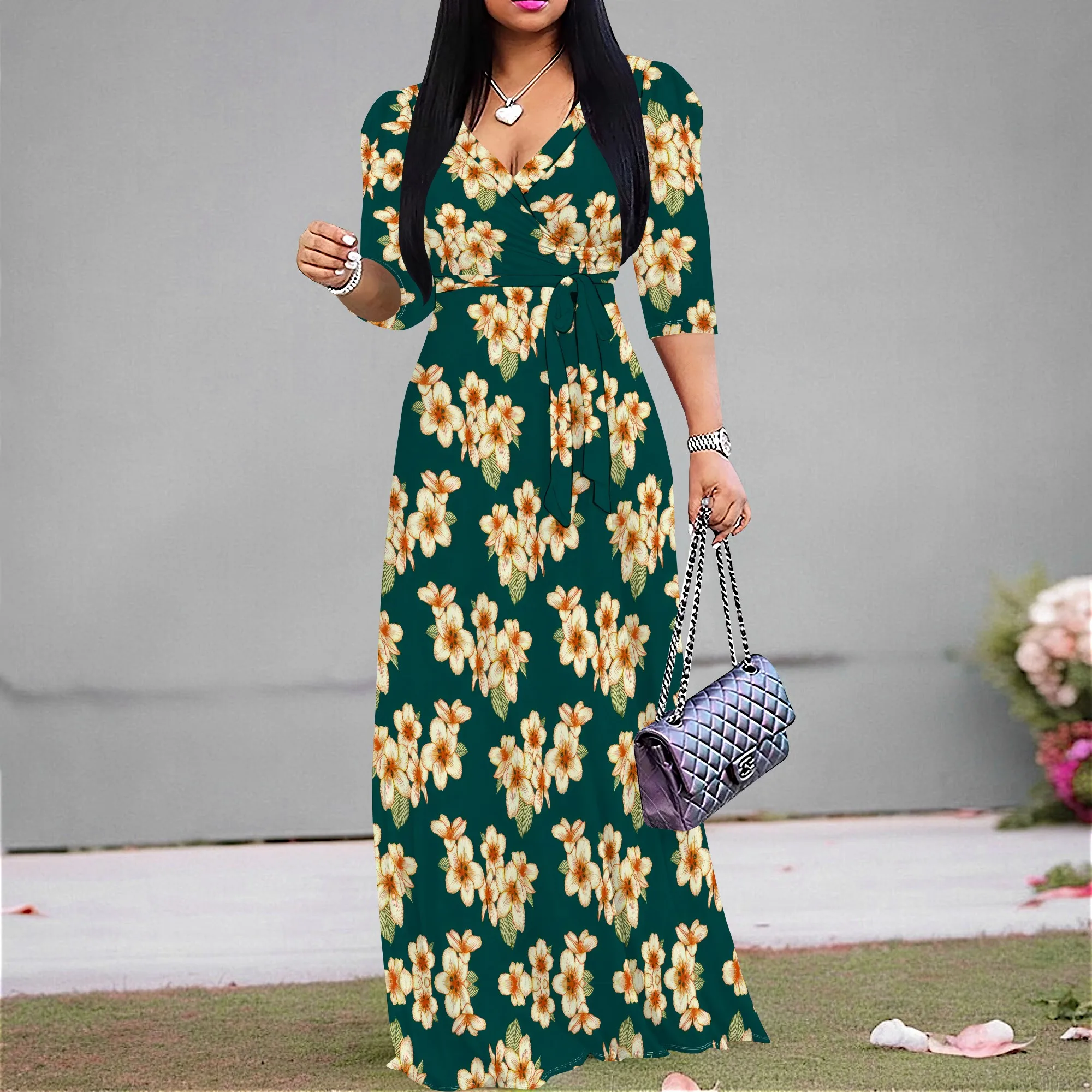 

Green Yellow Floral Print Maxi Dress Women V Neck Casual Half Sleeve Tropical Beach Style