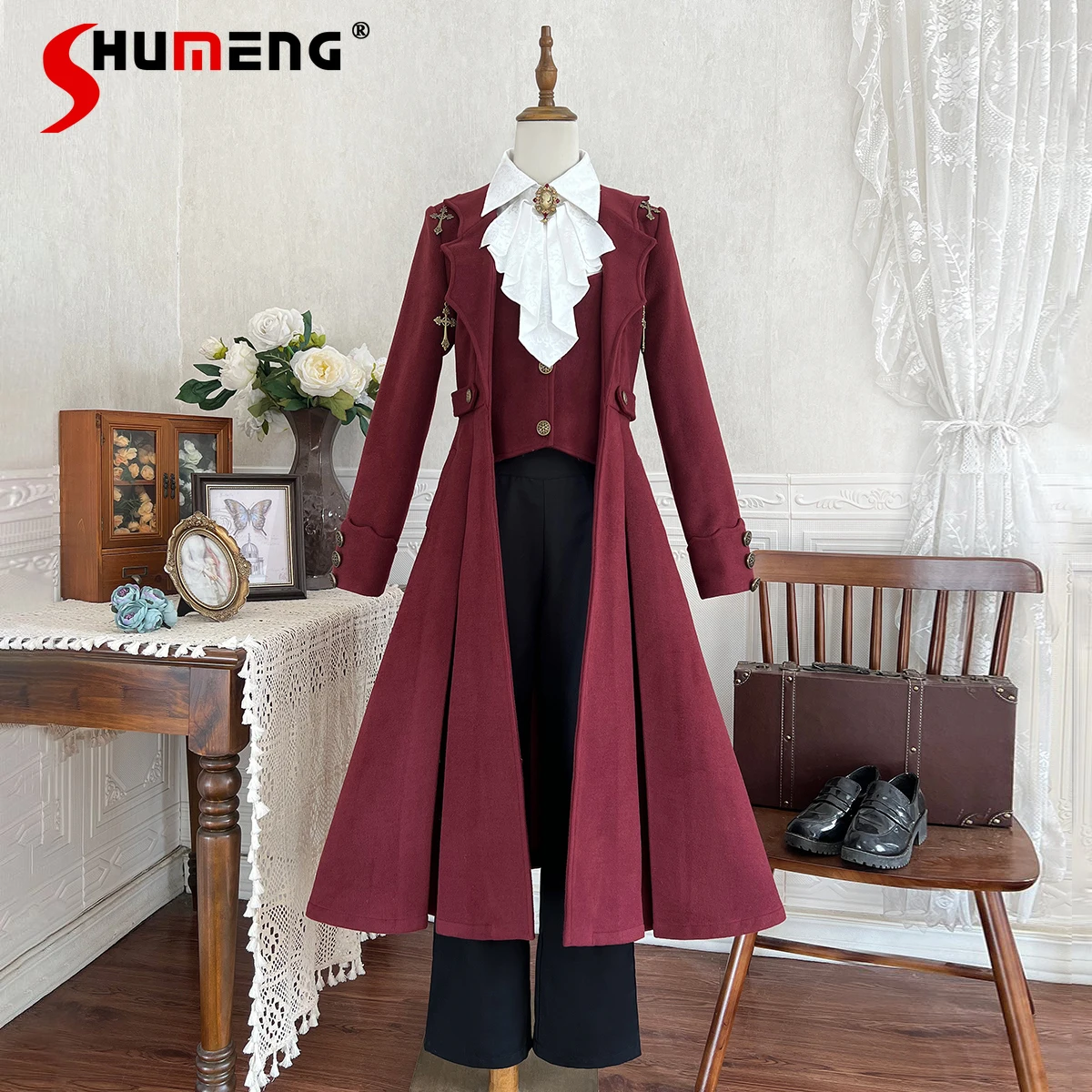 

Original Lolita Cos Prince Costumes French Court Style Retro Elegant Red Long Jacket Coat Long Sleeve Shirt Pants 3-Piece Set