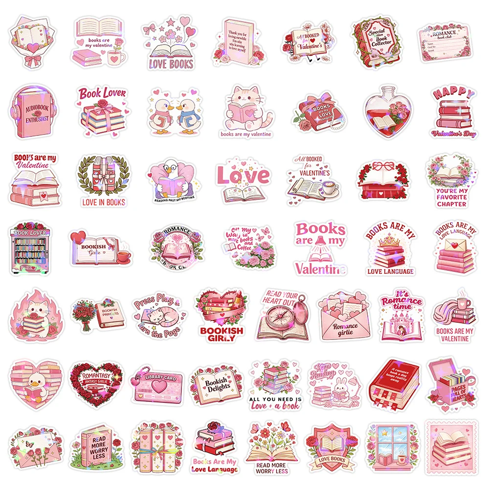 

10/30/50pcs Holographic Laser Valentine's Day Bookish Stickers DIY Water Bottle Luggage Phone Cartoon Pink Graffiti Decals Decor