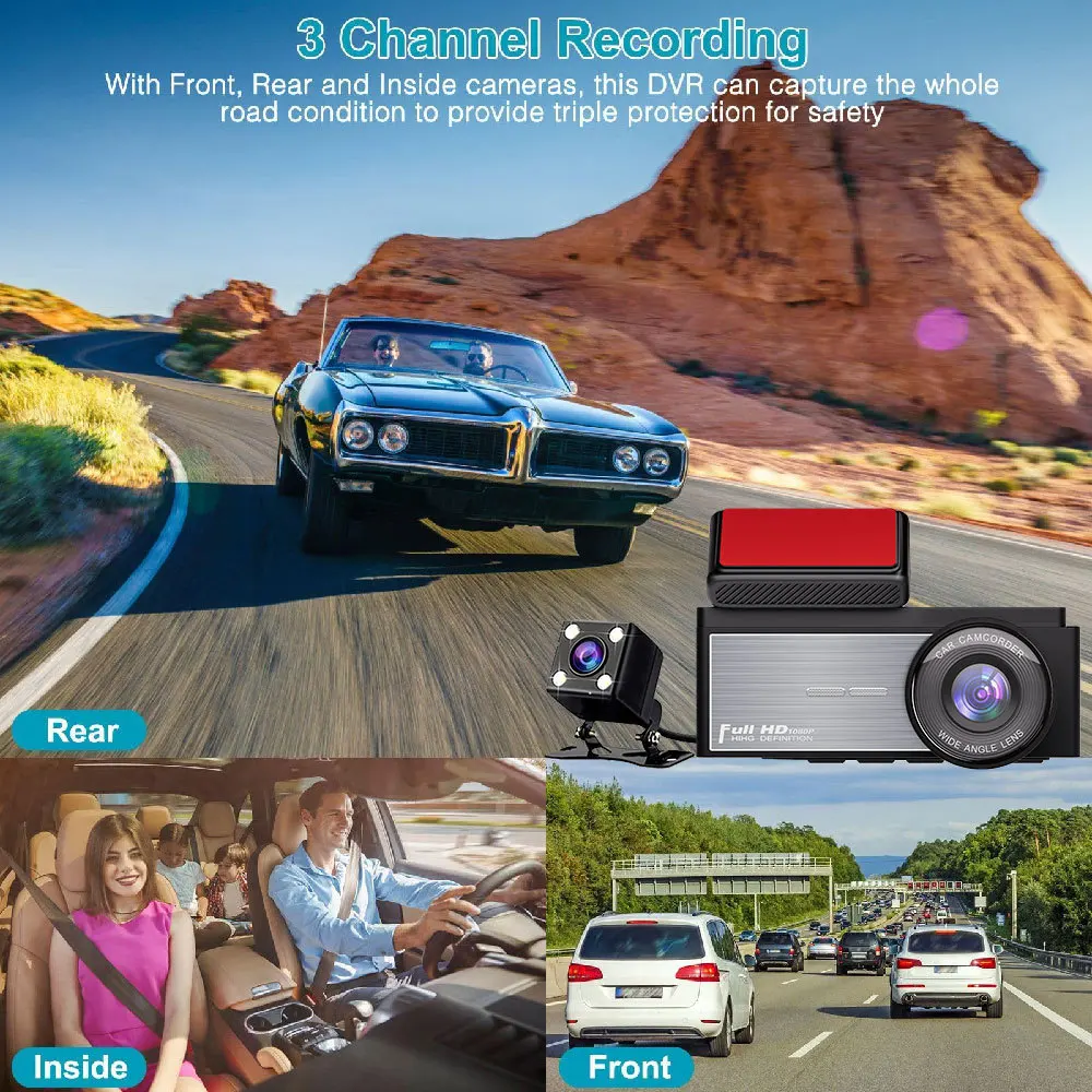 XZY 1080P Full HD New 3 Channel Dash Cam WiFi Wide Angle Night Vision Vehicle Car Driving Recorder