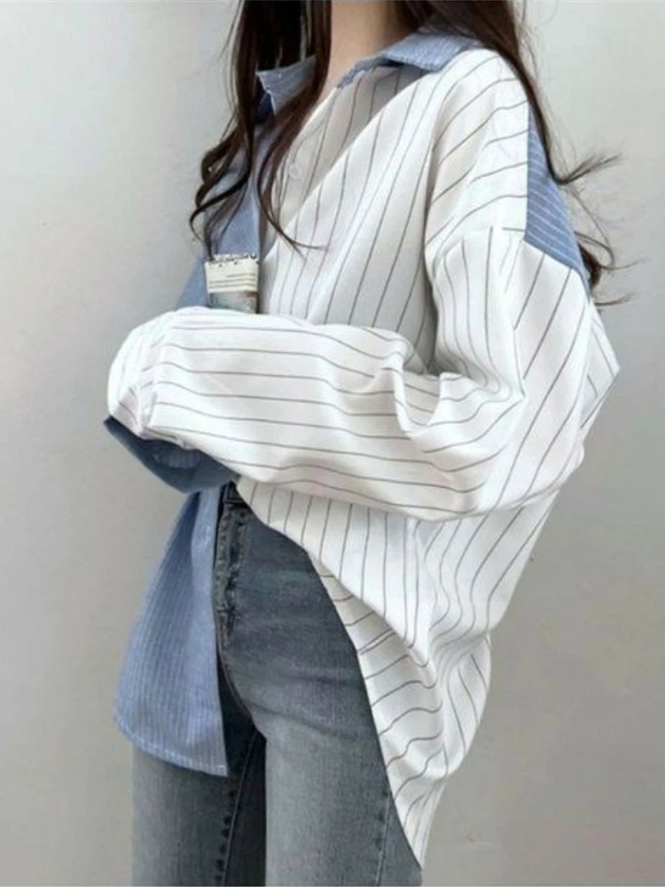 Vertical Striped Shirts Women Baggy S-3XL Irregular Korean Fashion Preppy Harajuku Lady Camisas Long Sleeve Spring Temper Teens