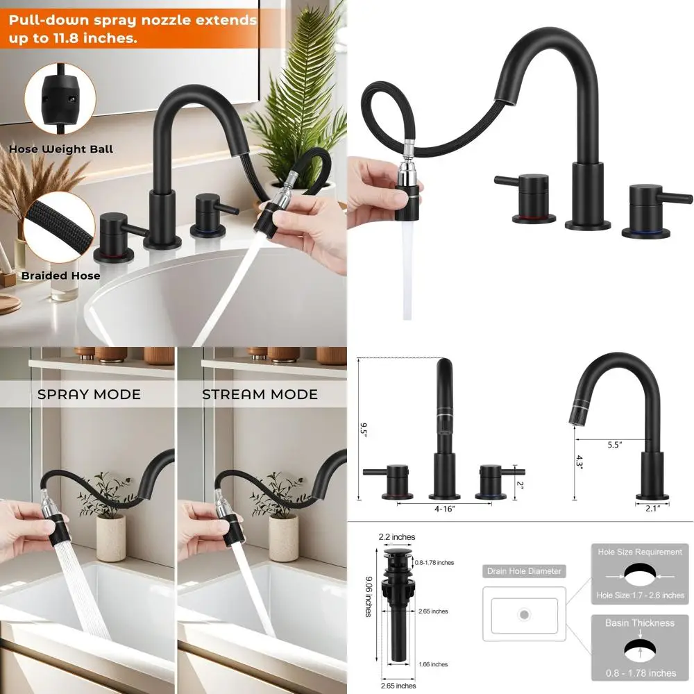 

3-Hole Pull-Down Sprayer Bathroom Faucet with Dual Modes and Pop-Up Drain, 8 Widespread Sink Fixture