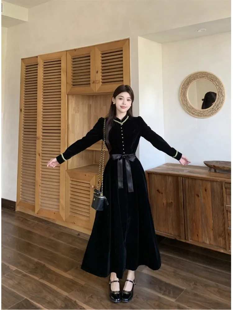 

plus Size Black Velvet Dress Hepburn Style Autumn Winter New Design Waist Cinching Slimming Knot Long Dress