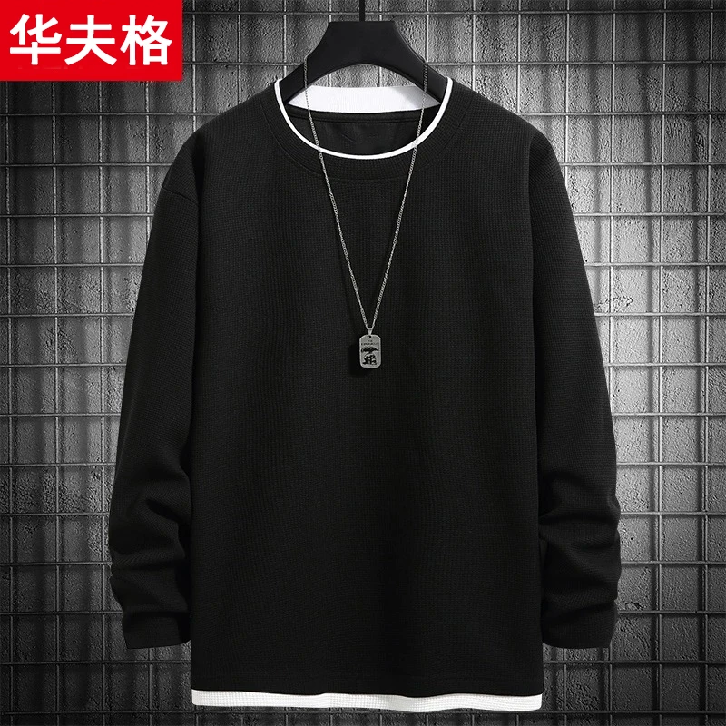 Men's Long Sleeve Fleece Lined Casual round Neck T-shirt Spring Autumn Winter Loose Fit Fashionable Basic Style Pure Color