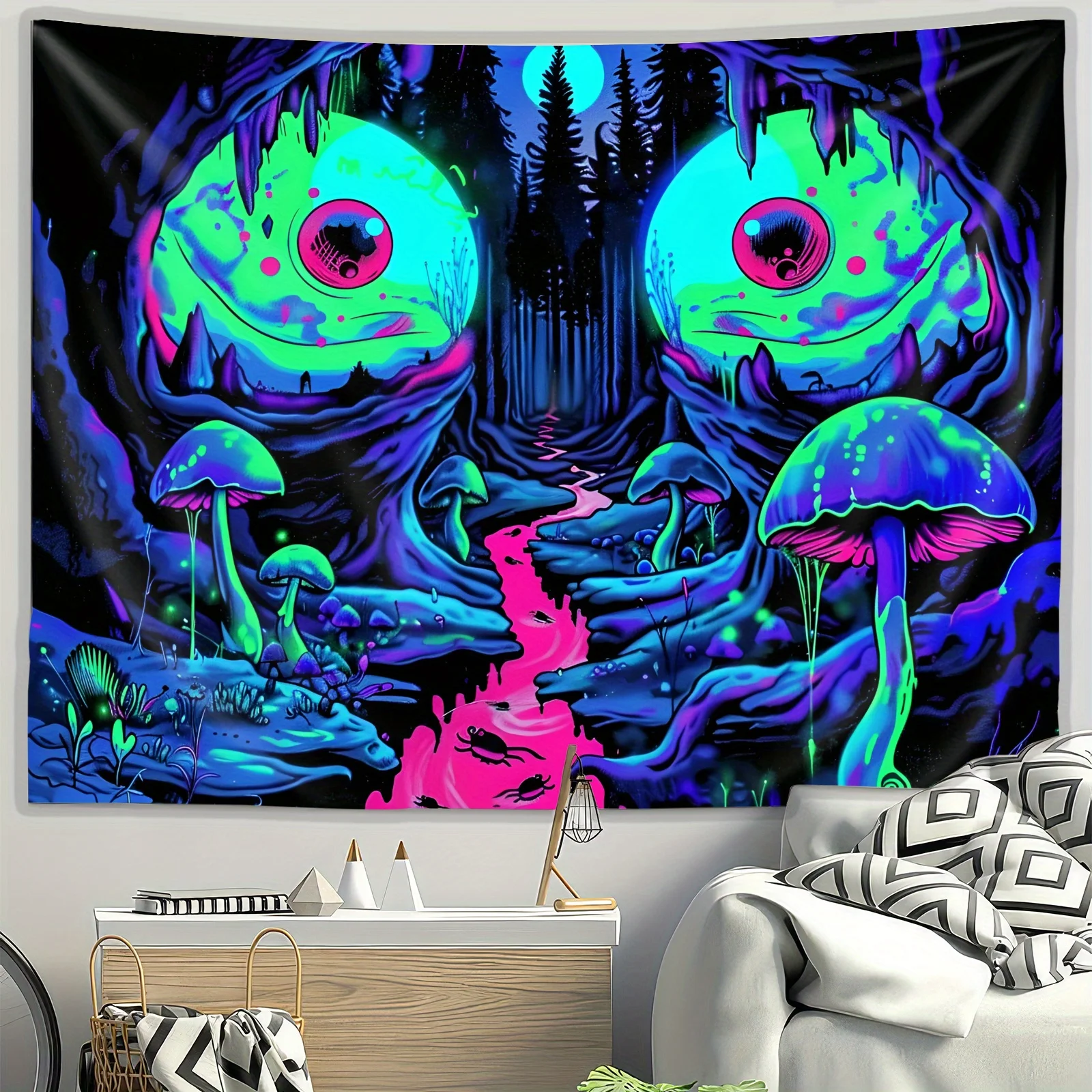 

VIKAMA Halloween Magic Forest Tapestry Green Eye Pink Stream Colorful Mushroom Bedroom Meditation Room Fantasy Style Decoration