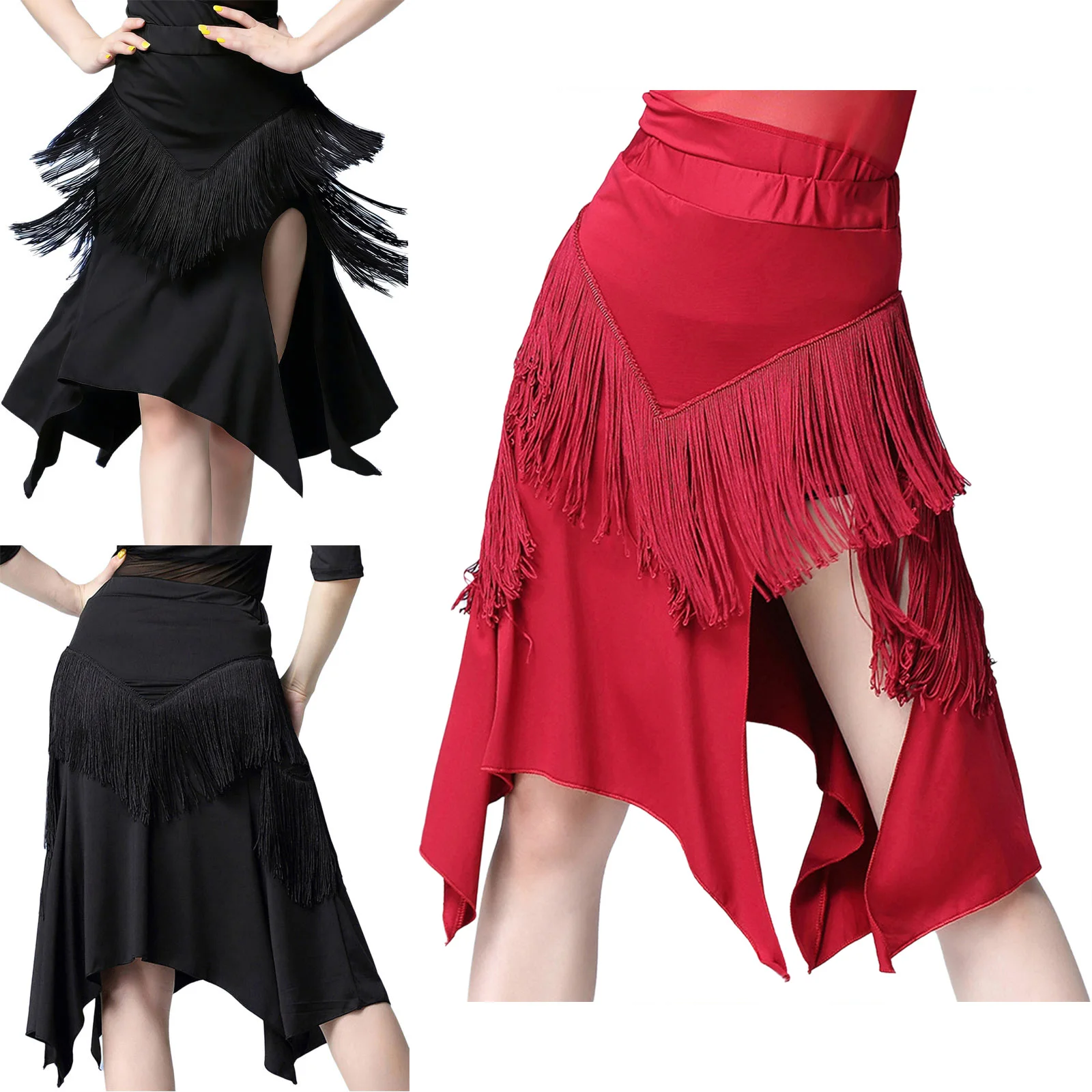 

Women Latin Cha-cha Fringed Skirt Tiered Tassel Irregular Hem Skirt Dancewear for Tango Rumba Salsa Samba
