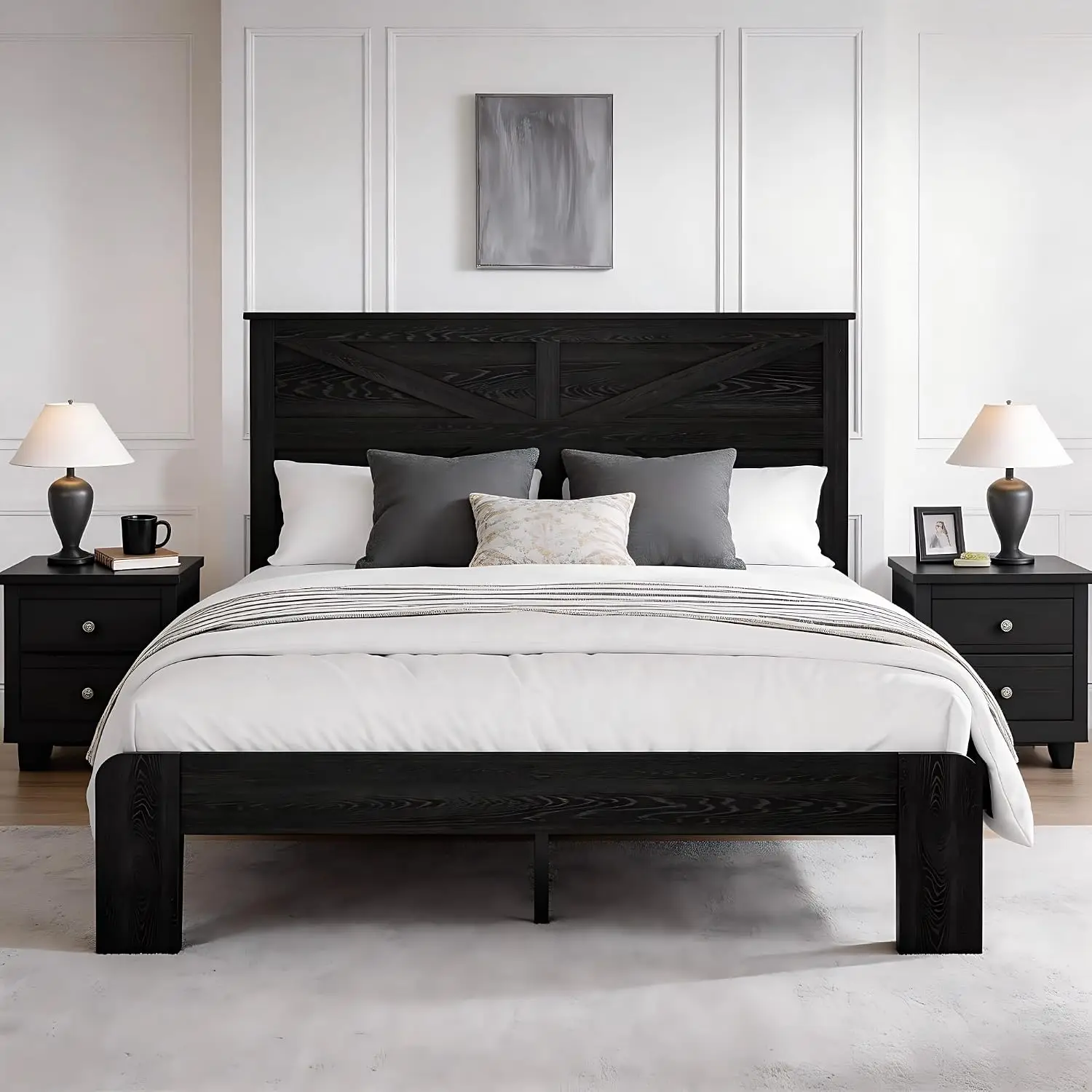 Rustic Queen Bed Frame Barn Door Headboard Wooden Platform Metal Slat Support Easy Assembly Noise-Free No Box Spring, Customized