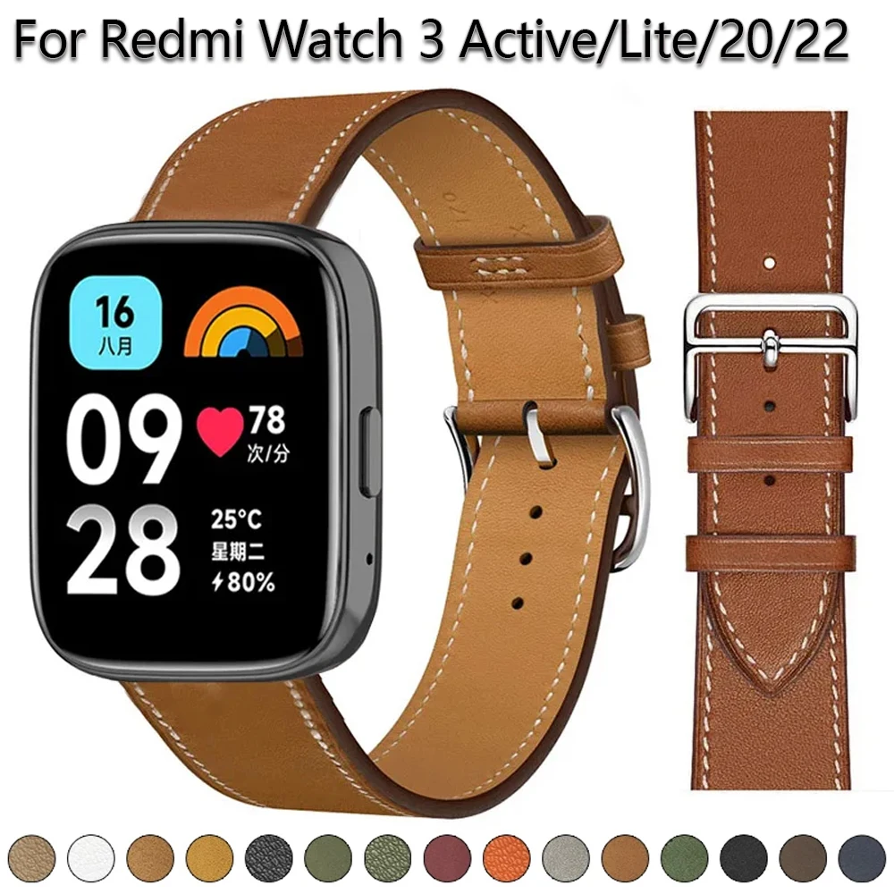 22mm Leather Strap for Redmi Watch 3 Lite Band Correa for Xiaomi MiBand 3 Active Wristband Bracelet 20mm Smartwatch Accessories