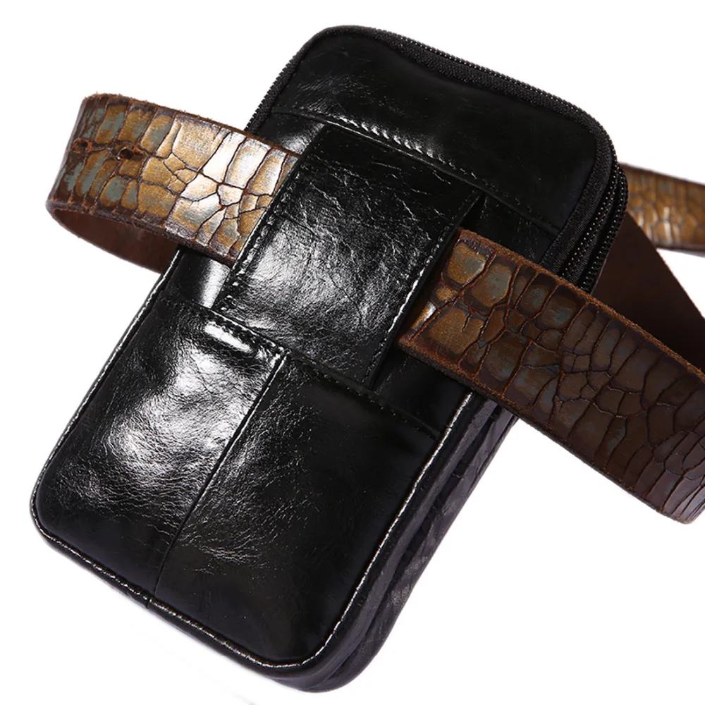 Men Waist Fanny Pack Bag Cell/Mobile Phone Case Cover Genuine Leather Crocodile Grain Vintage Male Hip Bum Belt Bags