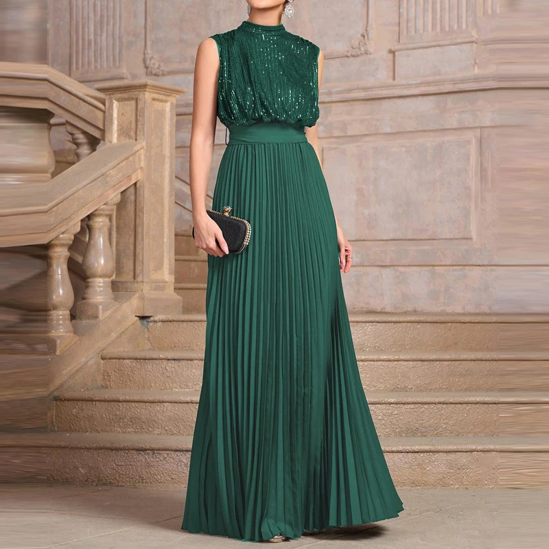 

Элегантное вечернее платье с блестящими пайетками, плиссированным дизайном, однотонной длинной юбкой, модным бантом и круглым вырезом.