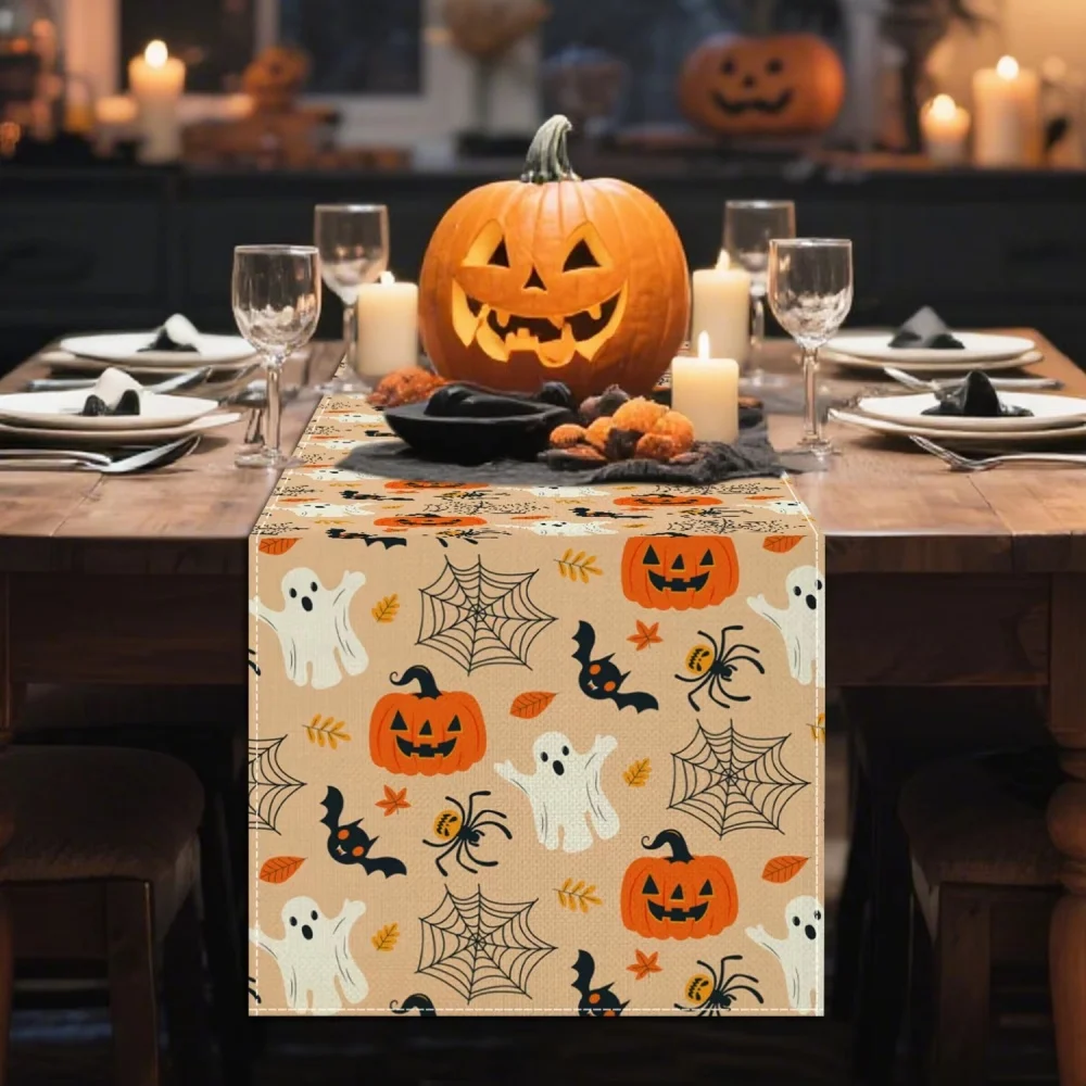 Bohemian Halloween Table Runner Ghost Pumpkin Spiderweb Bats and Leaves Decoration Halloween