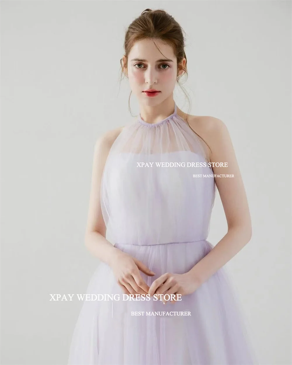 

XPAY Dreamy Halter Purple Tulle Evening Dresses Sleeveless Elegant Korea Wedding Photo shoot Prom Dress Floor-Length Customized