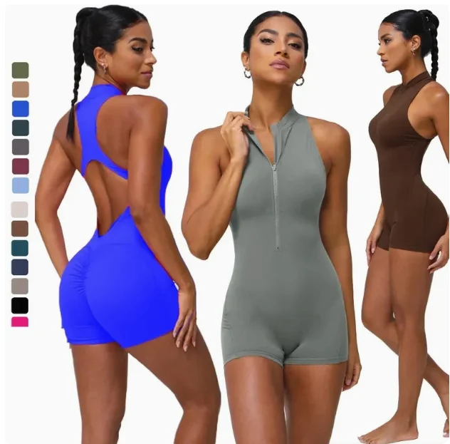 

Узкий комбинезон для упражнений высокой интенсивности с красивой спиной, персиковый комбинезон для йоги на бедрах, женский облегающий комбинезон телесного цвета на молнии, костюм для йоги и фитнеса