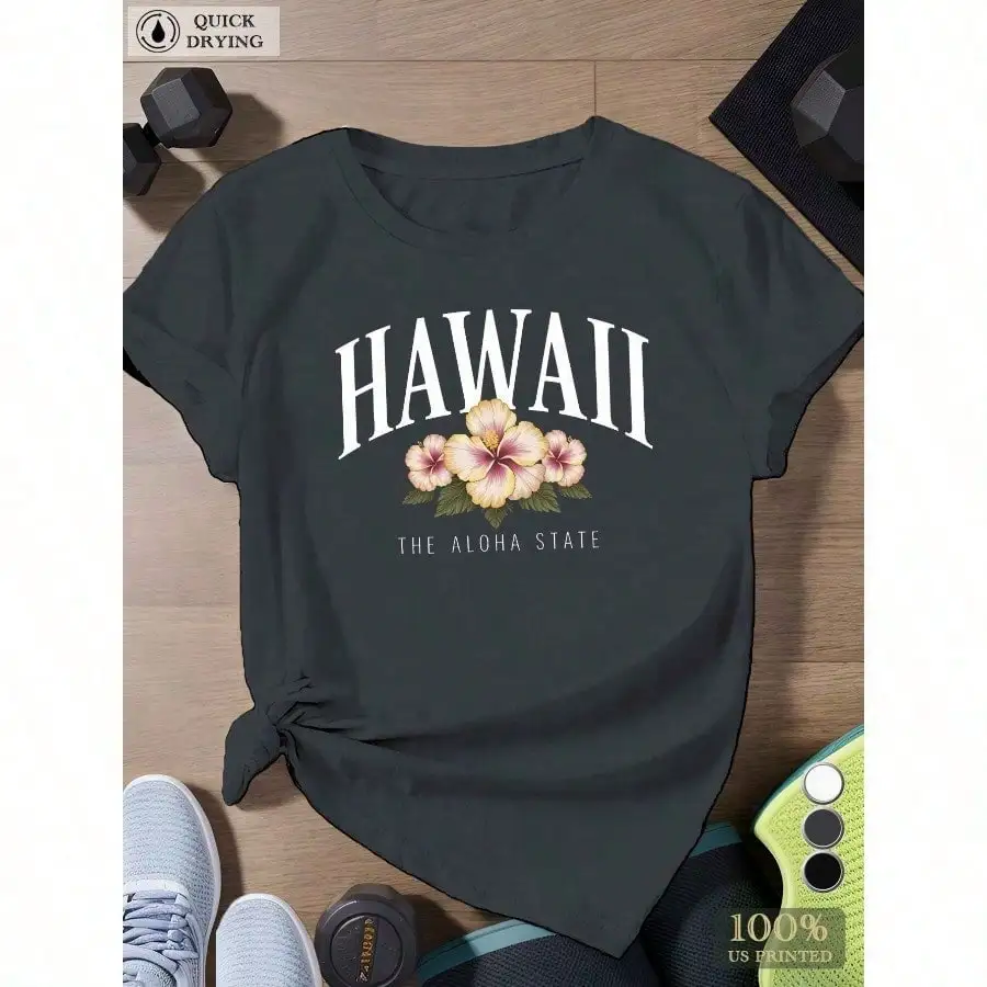Tee-shirt Hibiscus hawaïen |   Col rond grande taille évacuant l'humidité – Haut athlétique à séchage rapide pour les jours de yoga et de plage, rose et blanc