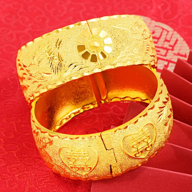 Chinese Classical Yellow Gold Color Bracelet for Women Bride Opening Bracelets Bangle Valentine's Day Wedding Jewelry Gifts