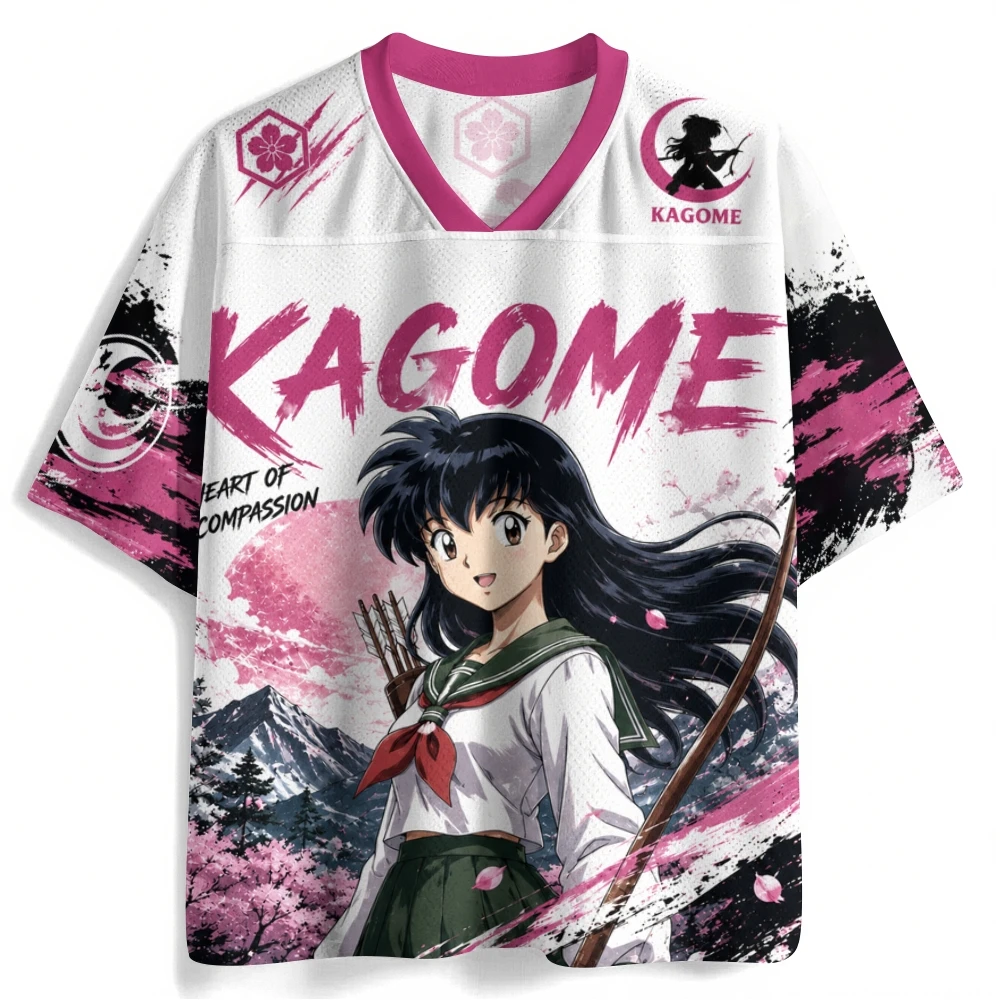 Latest Gove Mesh 3D Printed Jersey Inuyasha Anime Character Sakura Splash Ink V-neck Large Loose Short Sleeve