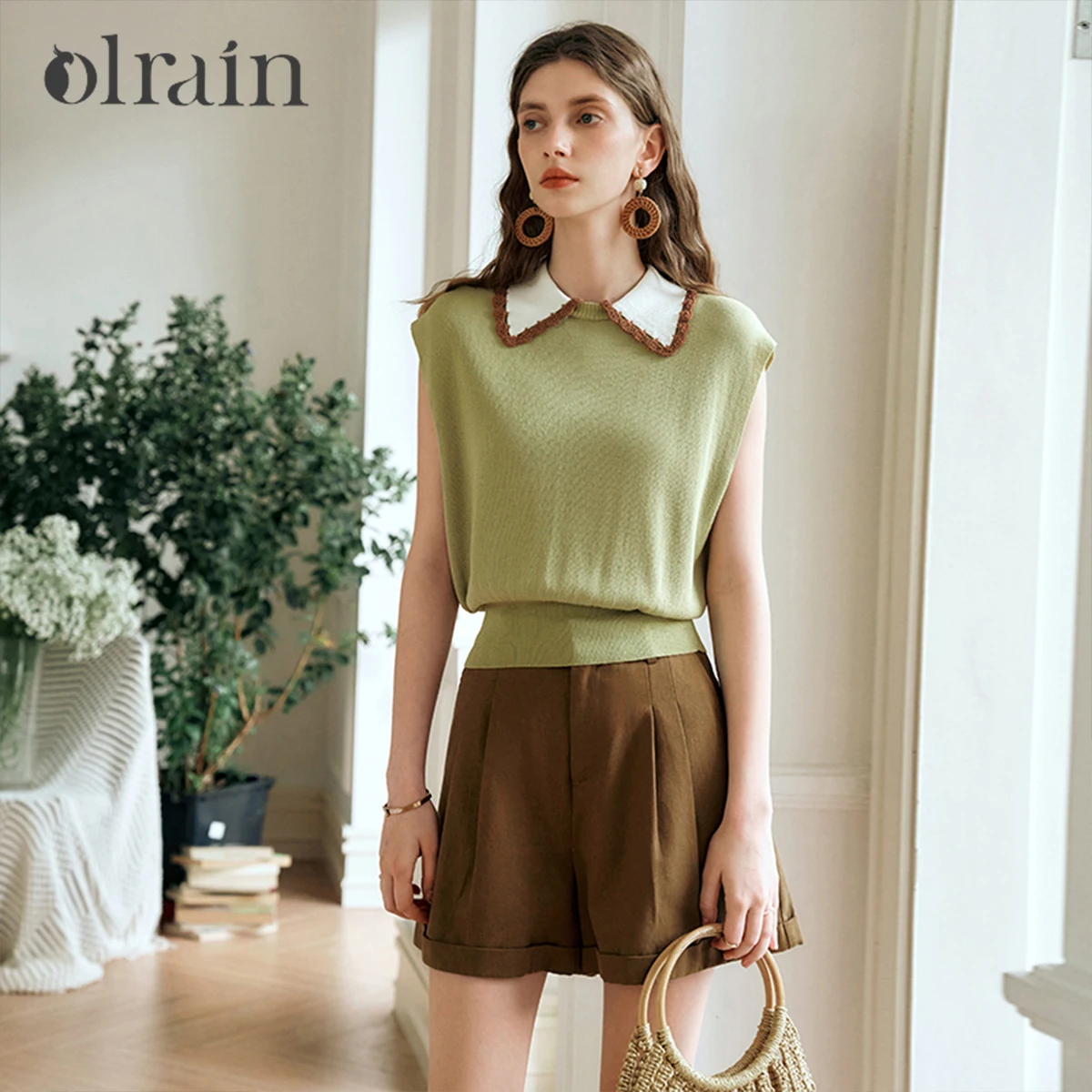 OLrain Vintage Green Pullovers Spring 2026 New Elegant Slim Fit Fwaist Spliced Turn-down Collar Knitted Comfort Tops O24XZ86329