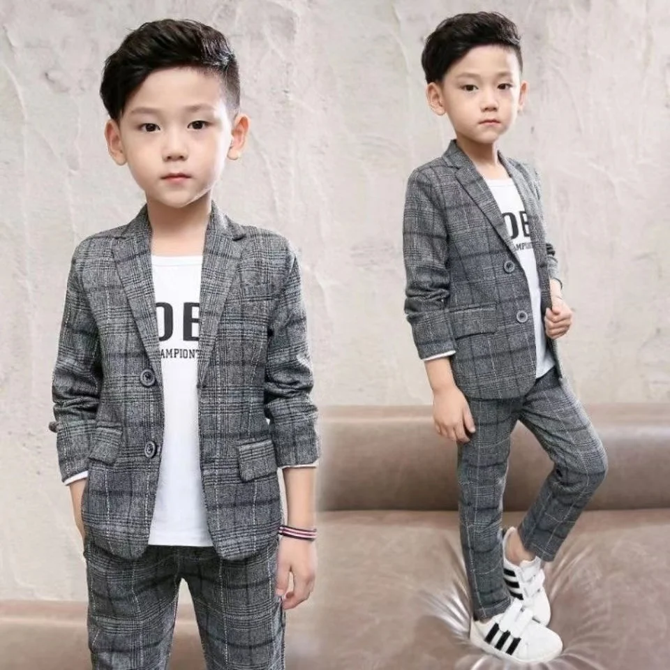 2024 New Autumn spring Baby Boys Clothes Set Plaid Gentleman Top Jacket + Pants Outfits Suit Teenager 4 5 6 7 8 9 10 11 12 Year