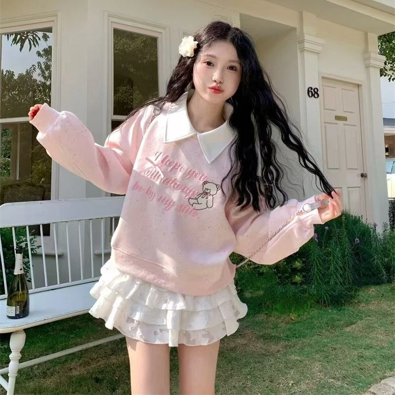 Felpe con colletto polo con orso carino stile preppy Lolita Girls Felpa con cappuccio Kawaii allentata Pullover Coreano Grunge Top Autunno Trendy Casual