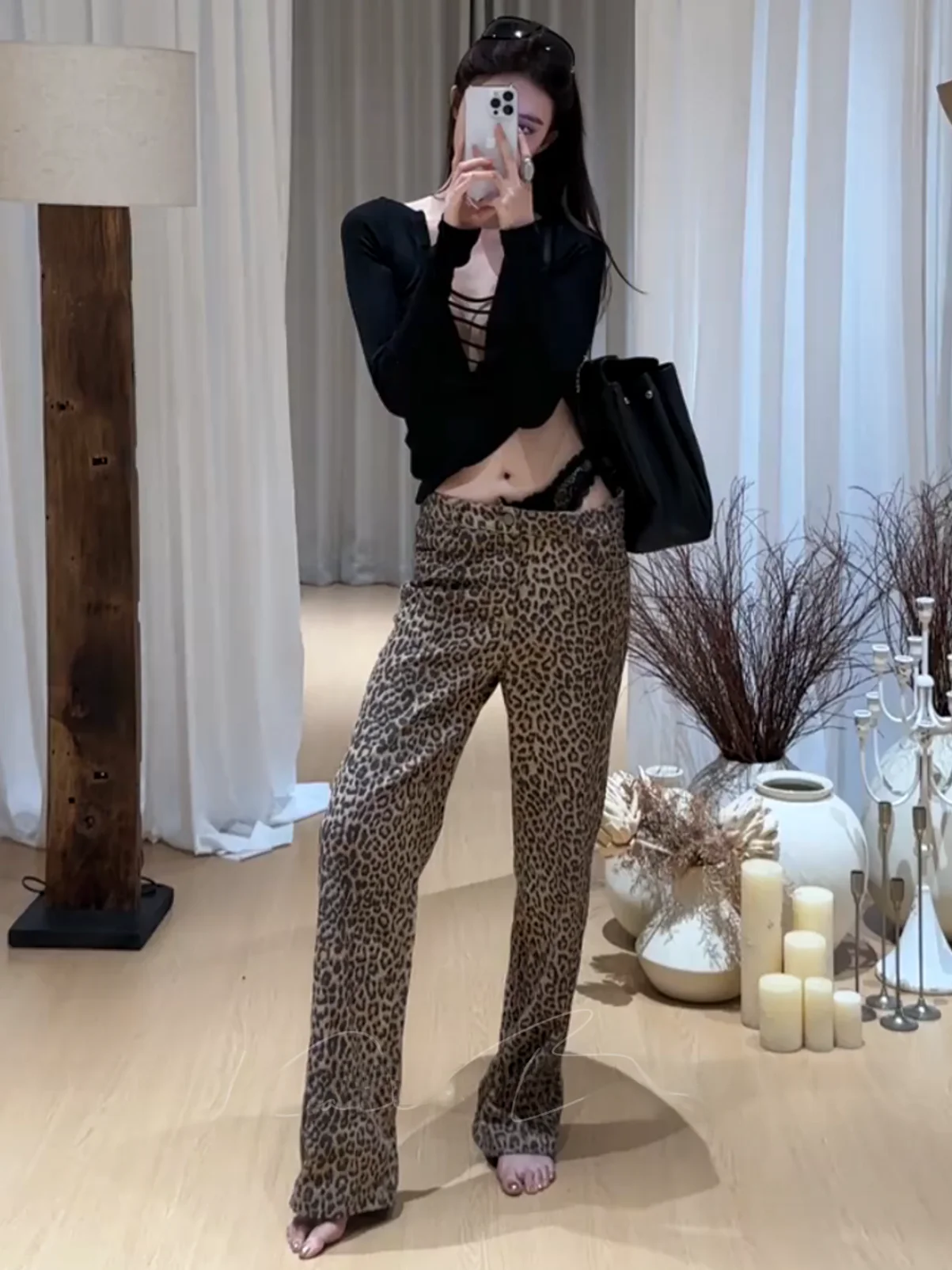 Retro Coffee Brown Leopard Print Wide Leg Jeans Women Slimming High Waist Cotton Stretch Denim Straight Cut Fashionable Trousers
