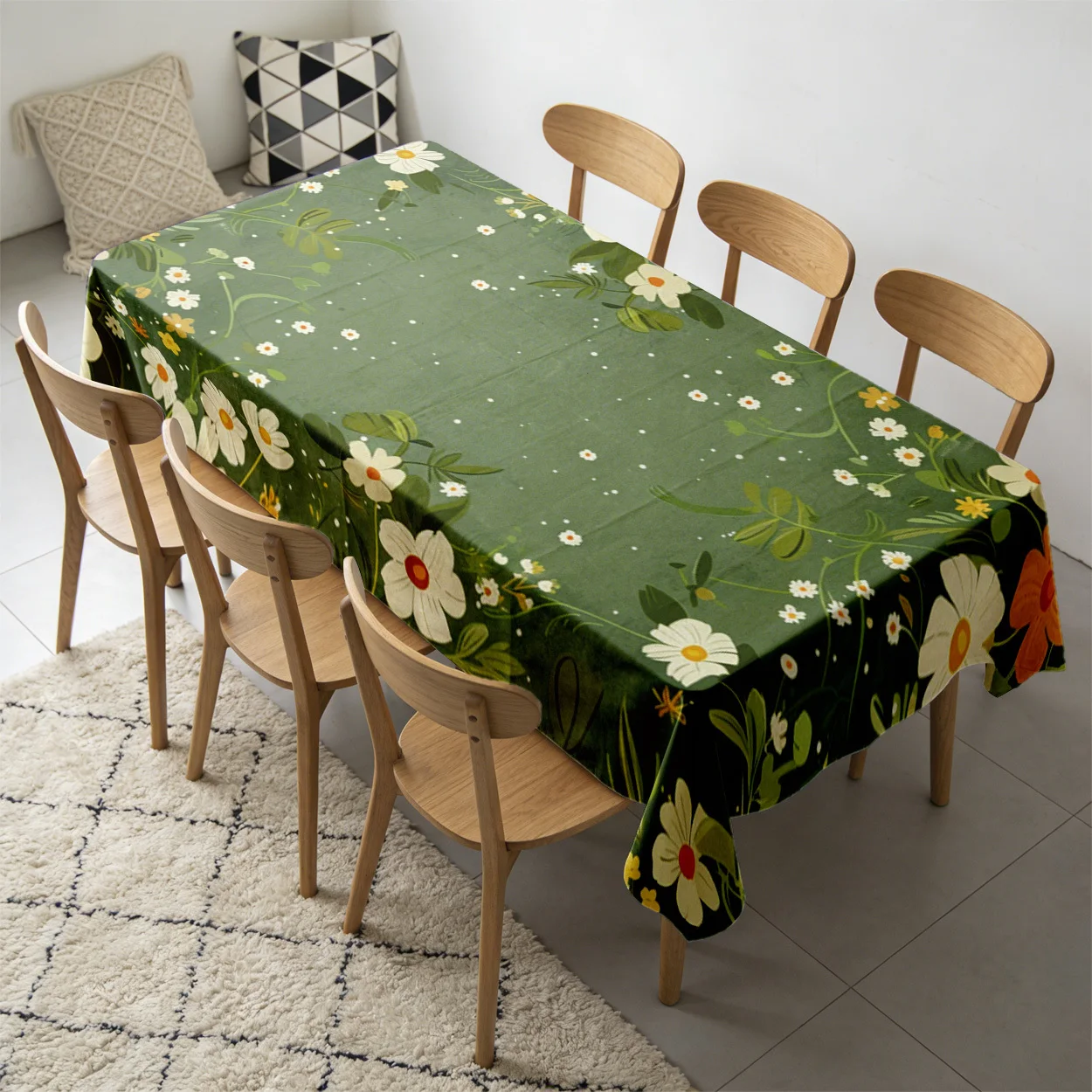 Tablecloth 2D Flat Printing 1pc Fresh Floral Border Green White Yellow Color Durable Easy-Clean for Indoor Outdoor Daily Use and Holiday Party Home Kitchen Decoration