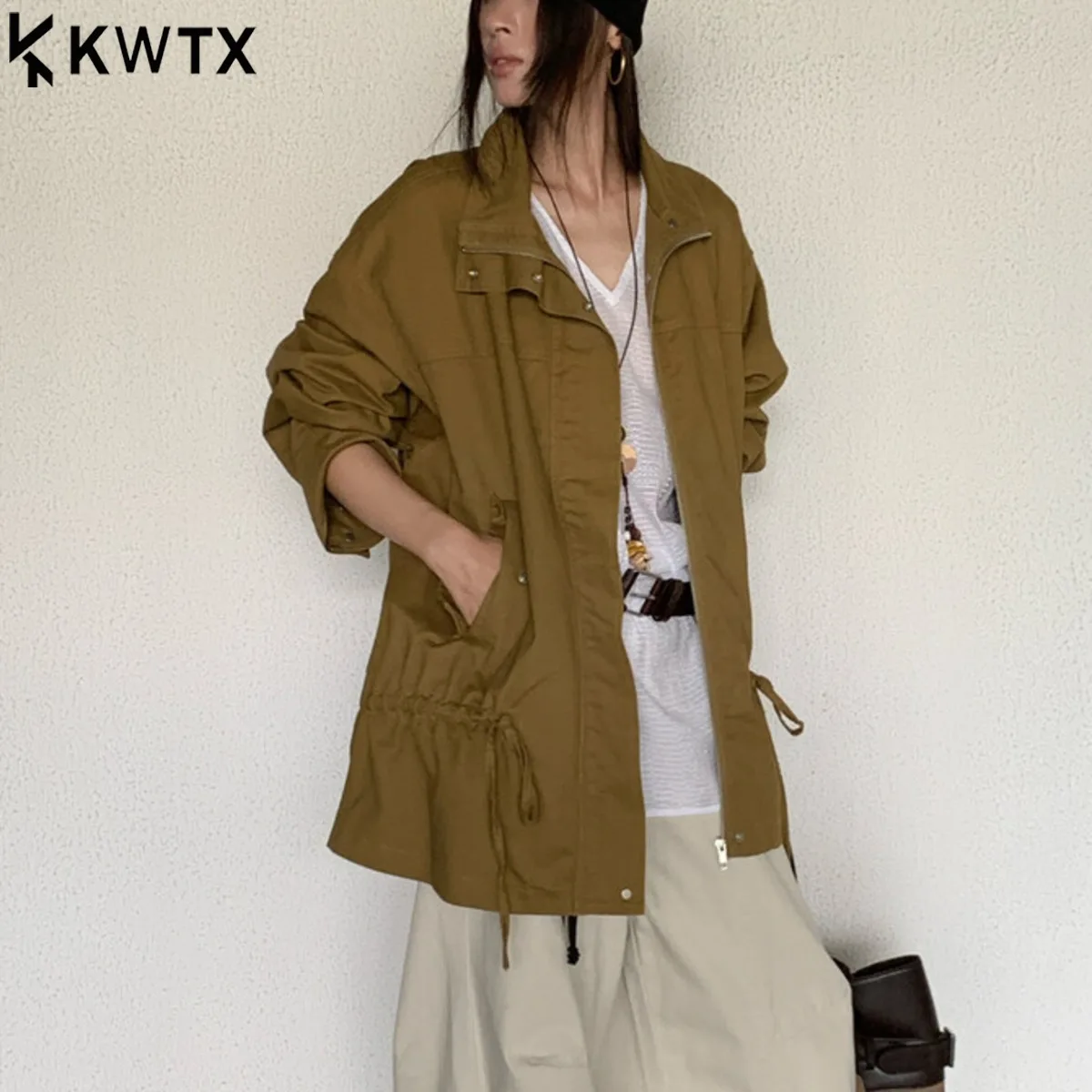 

KWTX Women's Short Trench Coat,Long Sleeve Casual Jacket With Drawstring Waist And Zip Up,Solid Color Windbreaker,FashionOutwear