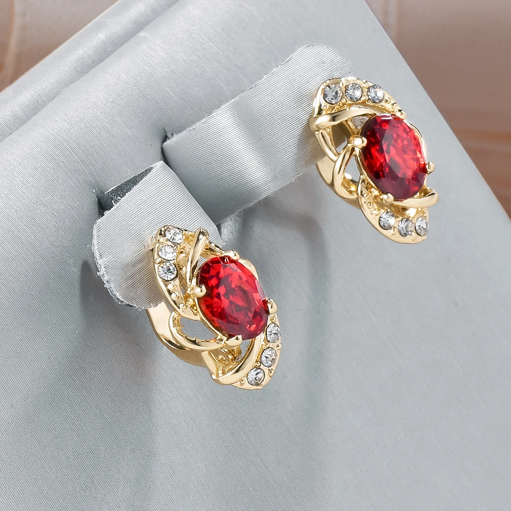 Lady's Fashionable Natural Zircon Drop Earrings 585 Gold Oval Clip-On Earrings Party Accessories Elegant Vintage Jewelry