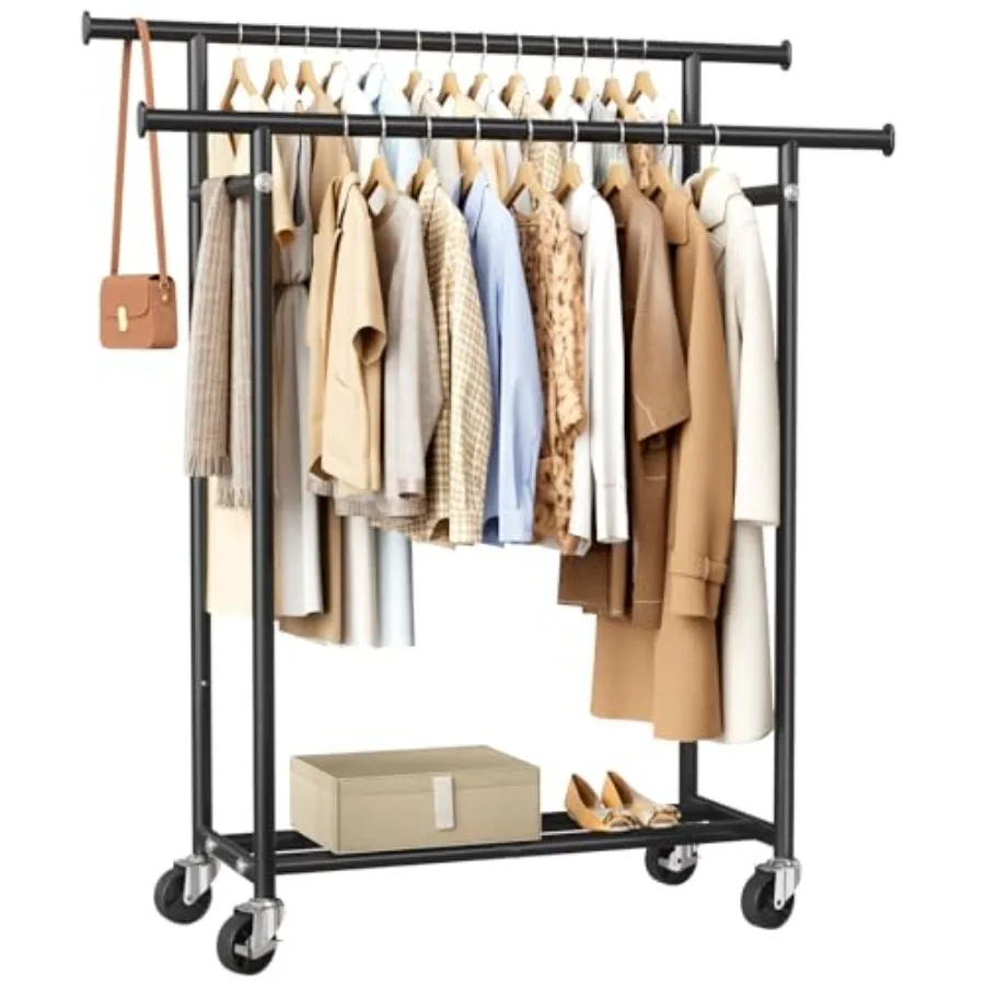 

Clothes Rack, Double Rods Rolling Clothing Rack for Hanging Clothes, Portable Garment Rack with Wheels, Coat Rack Wardrobe Clos