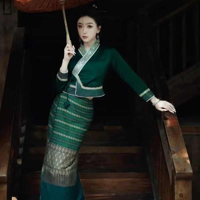 

2025 тайская женская элегантная фотография, элегантное праздничное платье, дорожная одежда, традиционная одежда из Таиланда, винтажная одежда, блузка, юбка