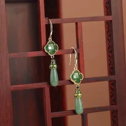 S925 Sterling Silver Jade Women's for Earrings Elegant Long Style Accessories Simple Green Jade Earrings