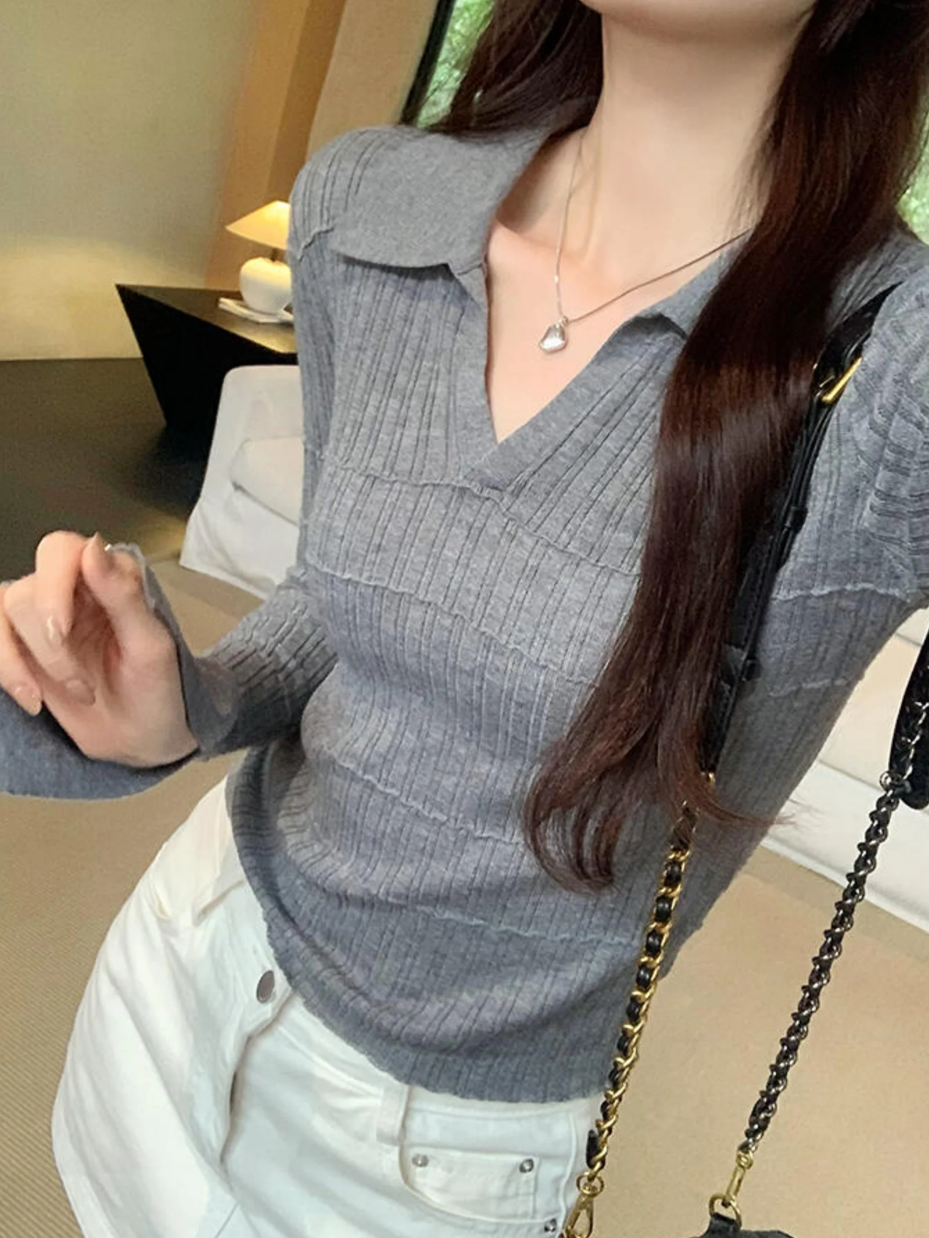 Purple  Neck Long Sleeve Knitted Sweater Women's Autumn High-End Feeling Inner Wear Slim Fit Bell Sleeve Base Top view 2